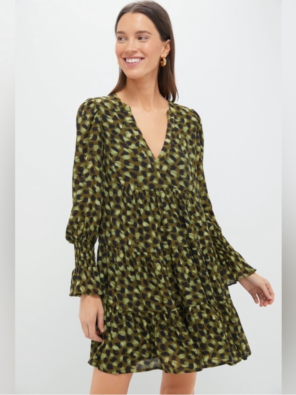 Pomander Place Kenzie green geo green and Black Printed Long Sleeve Tiered Dress